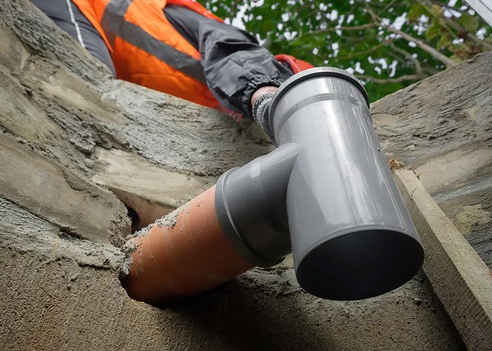 Kanalanschlüsse Nahaufnahme eines grauen Kunststoffrohrs, das in eine Wandöffnung aus Beton eingesetzt wird, im Hintergrund ein Arbeiter mit orange-schwarzer Arbeitskleidung