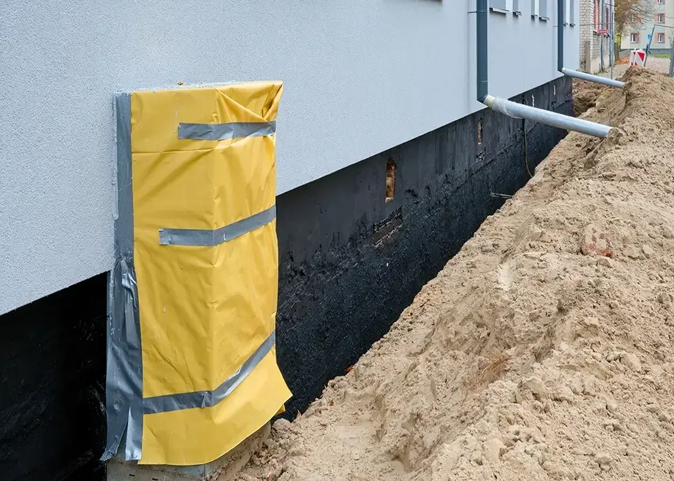 Hauswand Hauswand mit gelb abgedecktem Lüftungsgitter und offenem Fundamentgraben mit Sandhaufen