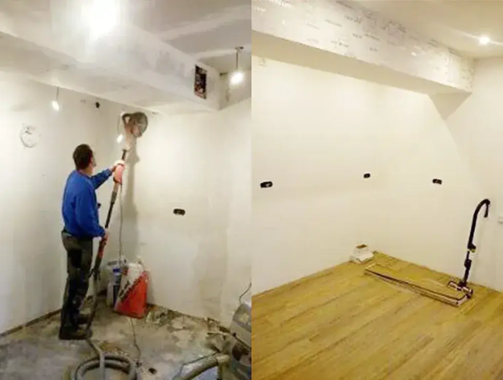 Links eine Person, die mit einer Maschine eine Wand abschleift, rechts ein leerer Raum mit neuem Holzboden und einer auf dem Boden liegenden Wasserwaage